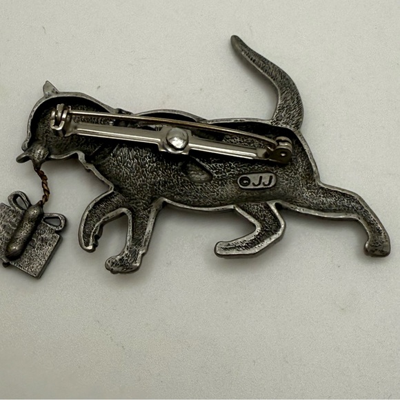 Vintage JJ Jonette Christmas Cat Thief Present Silver Tone Brooch Pin Signed - Picture 4 of 9